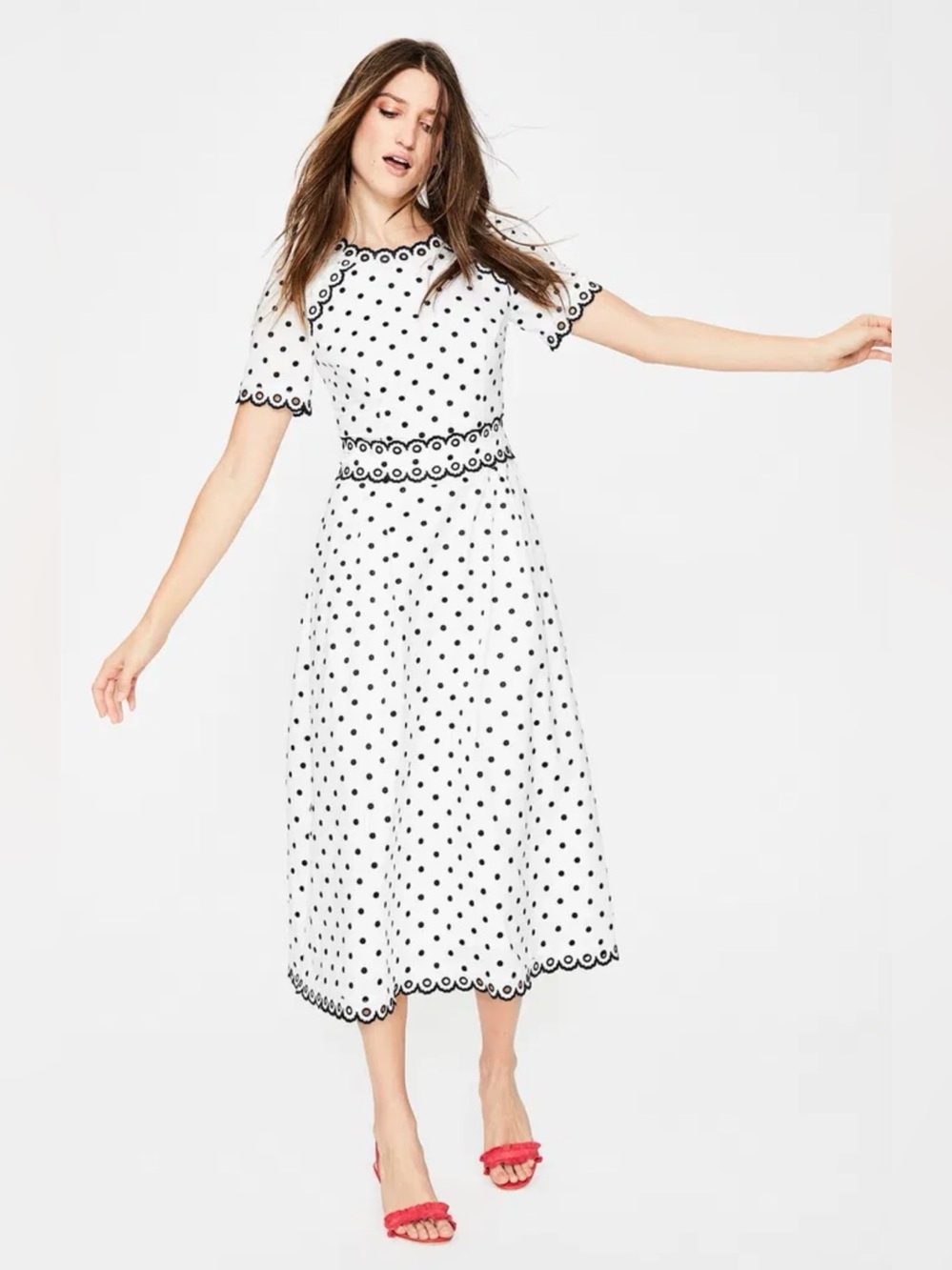 Women's Boden Navy Polka Dot Midi Dress with Navy Scalloped Trim Size 8